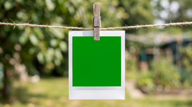 Hanging instant frame with green screen on rope in garden background.