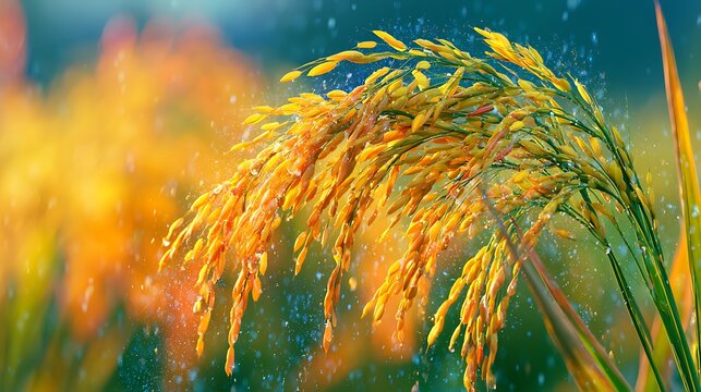 Golden rice ears covered in water droplets in a sunny agricultural field