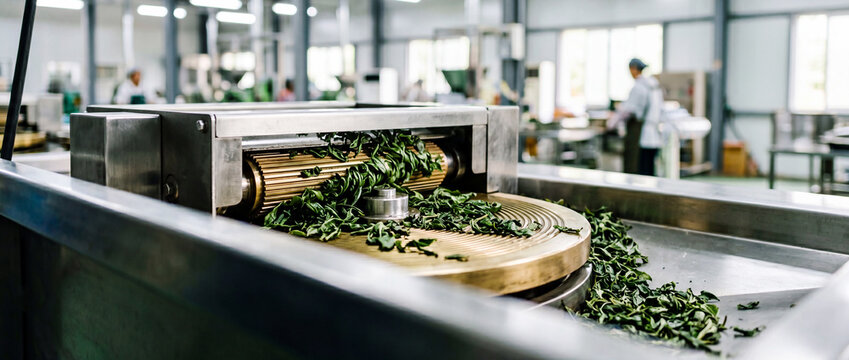 Green tea processing machine in modern factory producing fresh tea leaves for industrial production