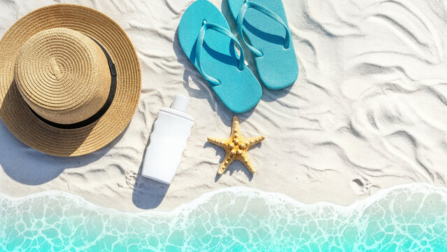 Beach essentials laid on white sand starfish flip-flops straw hat sunscreen bottle and ocean waves perfect for summer vacation relaxation.