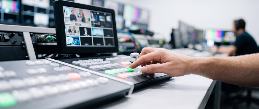 Broadcast control room operator pressing buttons on live video production switcher console in studio