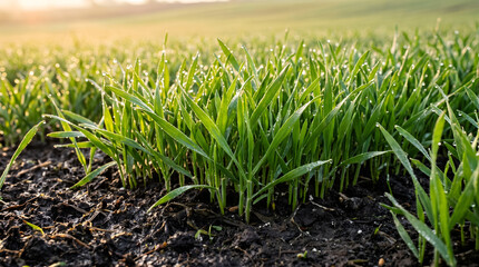 Fototapeta premium Young green wheat sprouts growing in a field at sunrise