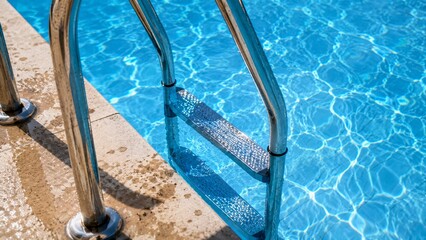 Fototapeta premium Close-up of a shiny stainless steel swimming pool ladder entering crystal clear blue water