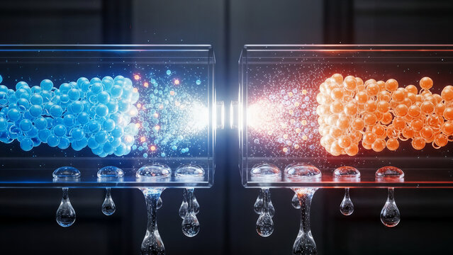 Abstract visualization of chemical reaction with glowing blue and orange particles colliding, energy transfer, scientific concept, fluid dynamics illustration.