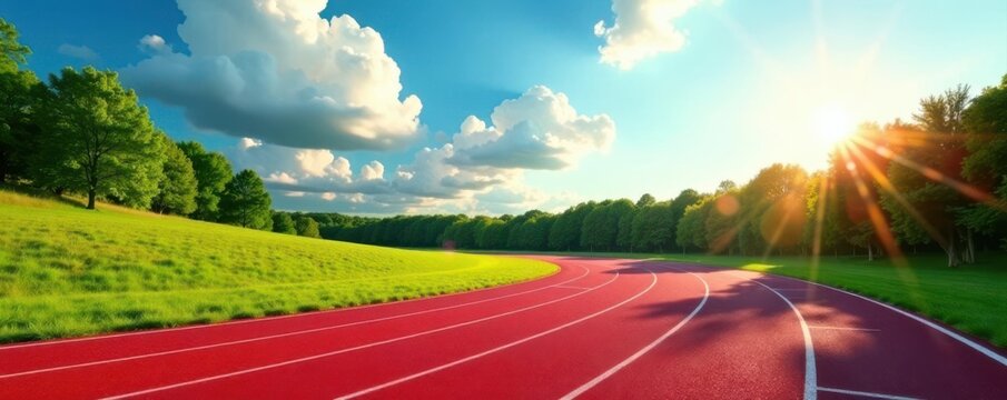 Crimson running track curves under vibrant summer sky, fluffy clouds , event, heat