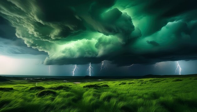 dramatic green storm clouds illuminated by lightning flashes in a turbulent sky