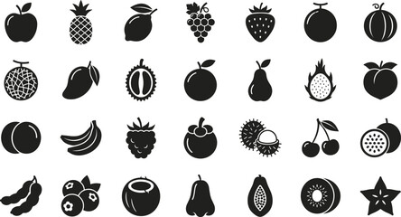 Fresh fruit icons, organic healthy food elements, tropical agriculture collection, sweet berry silhouettes isolated on white background for design © MstSumi