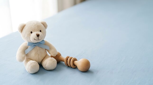 Cute teddy bear with a blue ribbon and a wooden baby rattle on a light blue fabric background