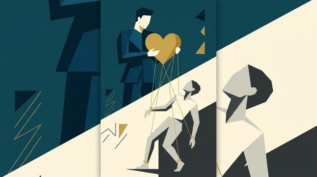 Abstract illustration of a figure manipulating a person with golden strings attached to a heart symbol representing emotional control