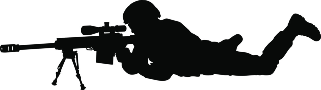 Military sniper silhouette aiming large caliber rifle in prone position, army sharpshooter targeting weapon isolated on white background