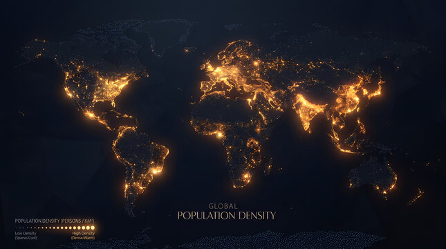 Global population density map with glowing lights representing urban areas