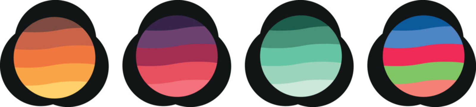 A set of four circular icons featuring layered wave patterns framed by thick dark circular outlines. These icons are perfect for high-contrast graphic design layouts.