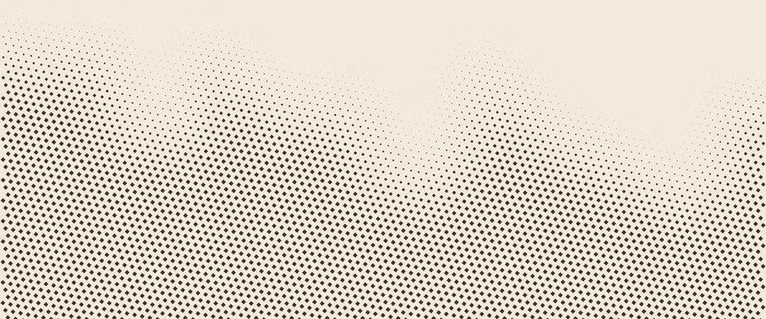 Aged beige square halftone gradient texture. Fading repeating diamond pixel background. Repeated gradation pattern. Vanishing comic pop art overlay backdrop. Vector cartoon raster effect wallpaper