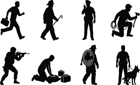 Emergency services and first responders silhouette set featuring police officer firefighter paramedic and soldier isolated on white background