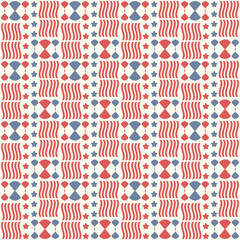 Obraz premium Seamless Geometric Pattern with Waves and Stars in Red and Blue