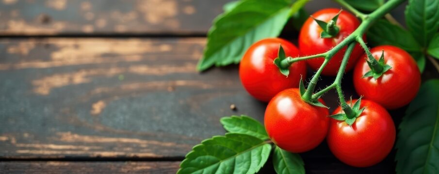 Ripe red tomatoes clustered on vine, rustic wood backdrop, texture, freshly picked