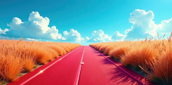 Red track against azure summer sky, puffy white clouds above , bright, facility