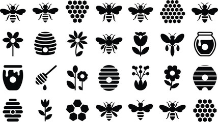 Set of black silhouette bee, beehive, flower, and honey jar icons isolated on white background © Mofajjol