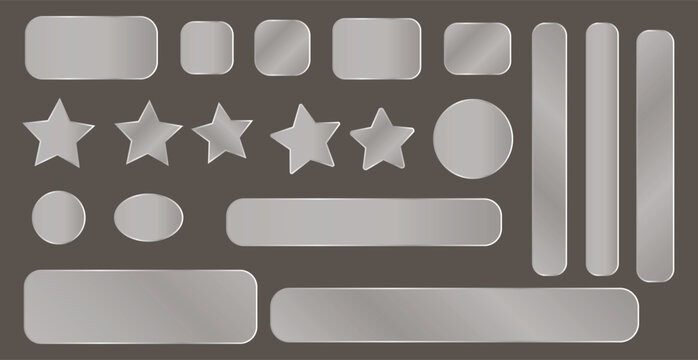Set of glossy silver chrome user interface buttons and geometric shapes with a liquid glass effect for web design