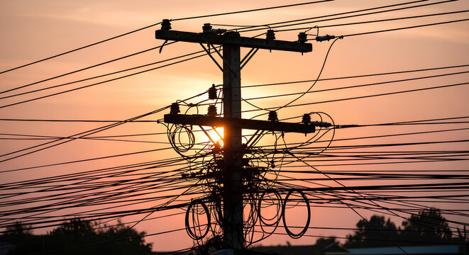 Silhouette of tangled power lines on a utility pole at sunset