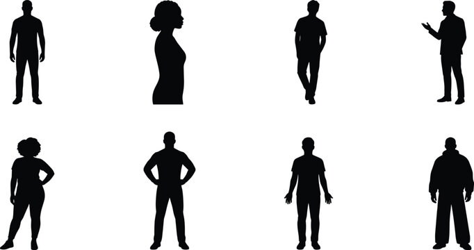 People Silhouette Collection with Standing Male and Female Figures in Various Casual Poses