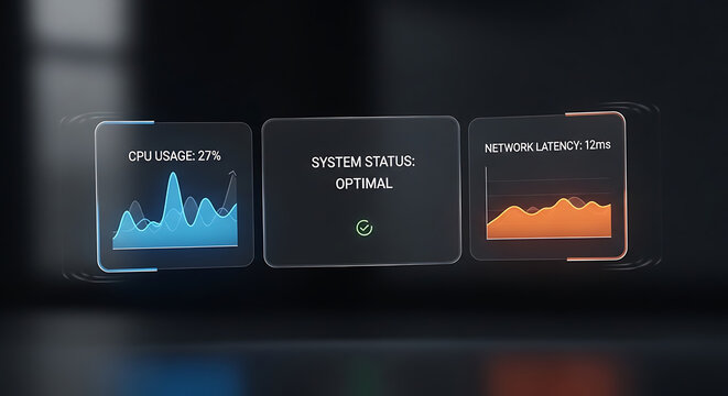 A computer screen displays a dashboard showing CPU usage, system status, and network latency in a dark environment.