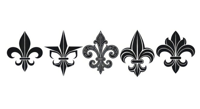 Collection of Five Decorative Fleur-de-lis Heraldic Symbols in Black Vector Silhouette Style for Graphic Design