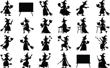 Obraz premium Witch silhouette collection showing various magical poses reading books and flying on broomstick kit