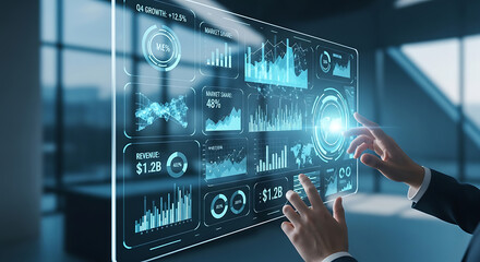 Fototapeta premium A person interacts with futuristic digital interface in modern office space.