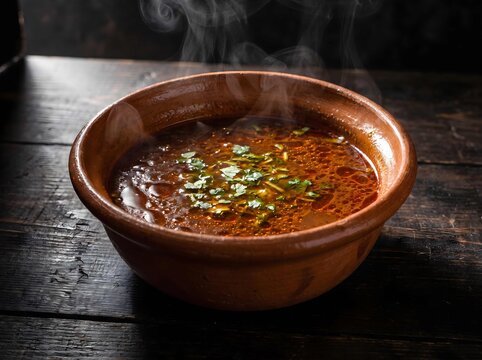 Hot Mexican birria broth in a clay bowl with fresh cilantro