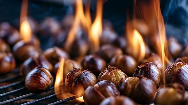 Chestnuts roasting on a hot grill, flames licking around the nuts, creating a smoky aroma and a delicious snack for autumn and winter traditions