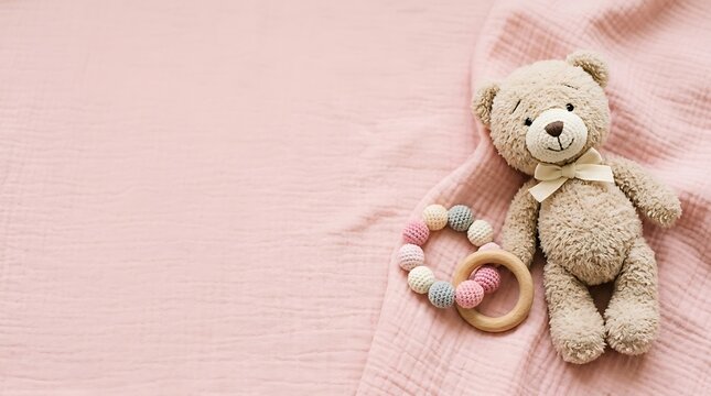 Cute teddy bear toy with a wooden teething ring on a soft pink muslin fabric background
