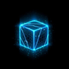 Fototapeta premium Neon wireframe glowing blue cube in space.