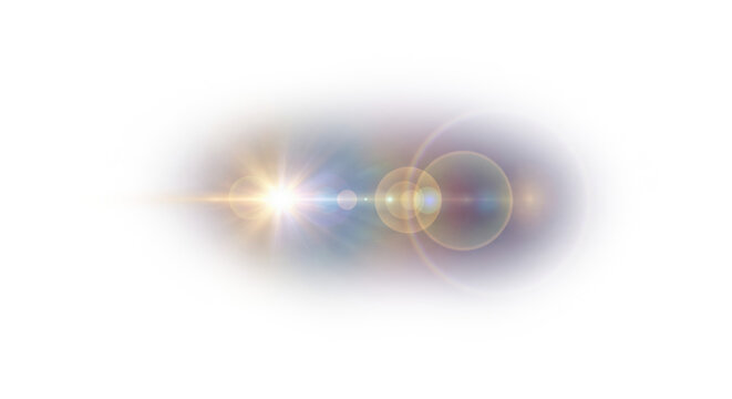 Abstract lens flare overlay with glowing light beams and bokeh circles. Realistic optical light leak effect on white background for photography, digital compositing, video editing