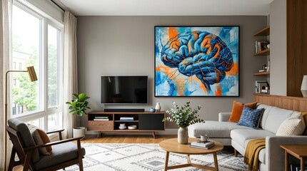 Fototapeta premium Bright Contemporary Living Room Interior Featuring Abstract Human Brain Artwork Above Television and Plush Sofa With Decorative Pillows and Round Coffee Table Surrounded by Natural Light