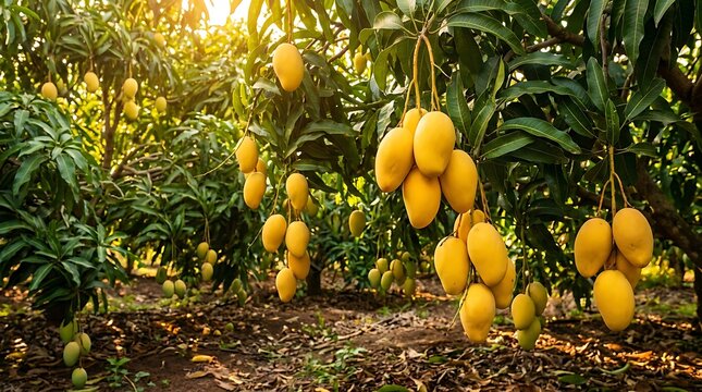 Fresh yellow mango fruits hanging on tree branches in a sunny tropical orchard during harvest time. ataulfo mango