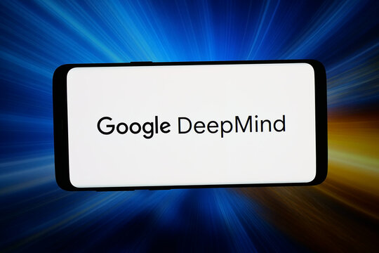 Stuttgart, Germany - 06-17-2026: In this photo illustration, the logo of British AI research company Google DeepMind is displayed on a smartphone in front of abstract background on computer screen.