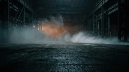 Naklejka premium Wide abandoned warehouse floor fills with rolling fog, cold blue shadows, orange backlight, and steel structures, creating a dark Halloween background for spooky autumn seasonal party invitations.