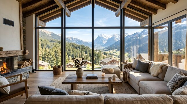 Luxurious Mountain Lodge Living Room with Panoramic Views of Snowy Peaks and Verdant Forests During Daytime Creating a Serene Retreat Atmosphere Perfect for Cozy Gatherings and Relaxation