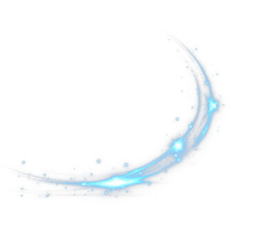 Blue light leak PNG transparent overlay with glowing curved trail and sparkling stars, on transparent background