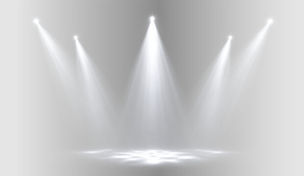 White stage spotlight PNG transparent overlay with multiple soft light beams, on transparent background