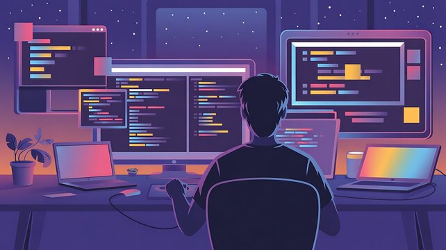 Programmer Working Late at Night on Software Development Code