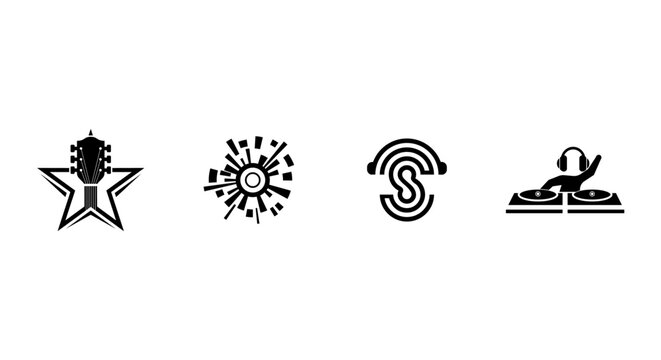 Black and white music icons including guitar star, sunburst, headphones and turntable