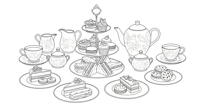 A detailed black and white line drawing of a traditional afternoon tea service set