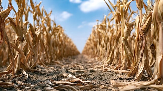 Withered corn crops stand in a parched field under a blue sky, illustrating the devastating impact of prolonged drought and climate change on agriculture and food security