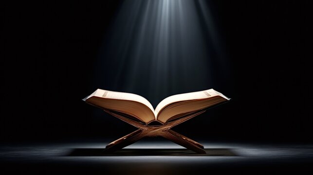Open holy quran resting on a wooden rehal, illuminated by a beam of light from above, symbolizing divine revelation, spiritual guidance, and religious wisdom in islam