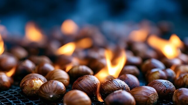 Chestnuts roasting on a hot grill with flames rising, creating a warm and traditional scene of seasonal food preparation during winter