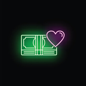Green neon money bundle with pink heart icon representing charity and donation