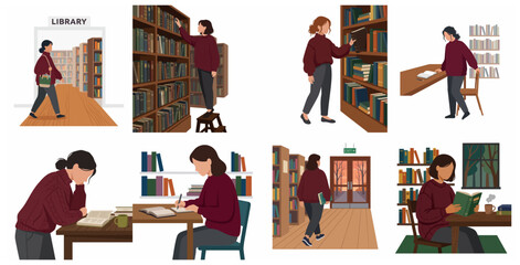 Flat illustration collection of a woman's daily activities in a library: reading, studying, and browsing bookshelves © ArtlowMedia