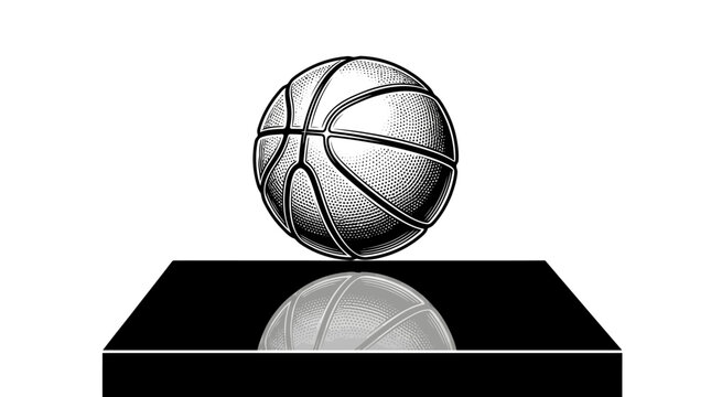 Basketball on black reflective surface.